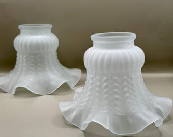 Vintage Frosted Glass Lamp Shades Pair 35mm Fitter, Ruffled Satin Glass Light Shades, Cottagecore Lighting, Replacement Lamp Globes