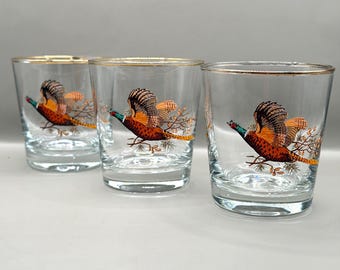 Vintage Flying Pheasant Whisky Glasses Set of 3 1960s Gold Gilt Tumblers Country House Hunting Lodge Cottagecore Barware