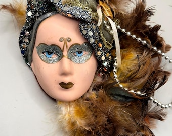 Vintage Venetian Carnival Mask Feather Wall Decor Mardi Gras Masquerade Art Brown Gold Silver