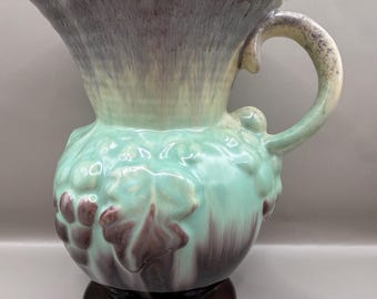 Vintage Ceramic Art Pottery Jug Pitcher Raised Grape Vine Drip Glaze Mid Century Modern Retro
