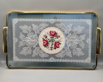 Vintage Glass Vanity Tray With Embroidered Roses, Gold Tone Serving Tray, Cottagecore Decor, Shabby Chic Dressing Table Tray, Grandmillennia
