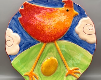Vintage St Michael Chicken Plate Colourful Folk Art Pottery Wall Decor Farmhouse Rooster Dish