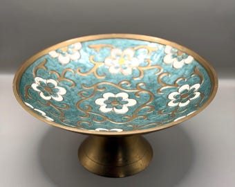 Vintage Indian Brass Enamel Pedestal Bowl, Turquoise Floral Compote Dish, Boho Decor, Tazza Centrepiece, Maximalist Home Accent