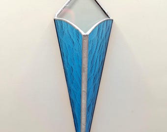 Vintage Blue Textured Stained Glass Wall Vase – Leaded Artisan Bud Pocket
