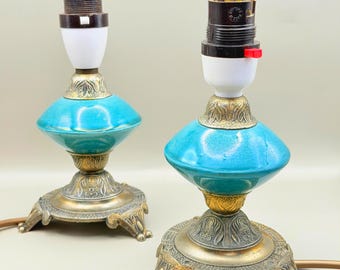 Vintage Pair Turquoise Lustre Ceramic Table Lamps Art Nouveau Revival Bedside Lights