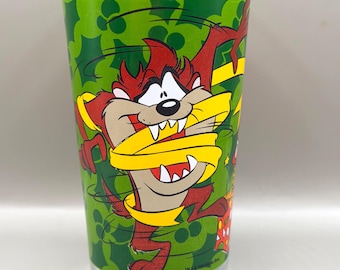Vintage 1999 Tasmanian Devil Christmas Glass Warner Bros Taz Looney Tunes Drinking Tumbler Retro Cartoon Collectible Barware
