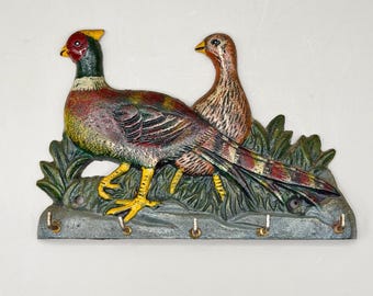 Vintage Cast Iron Pheasant Key Rack Wall Hook Country Cottage Farmhouse Hunting Lodge Decor