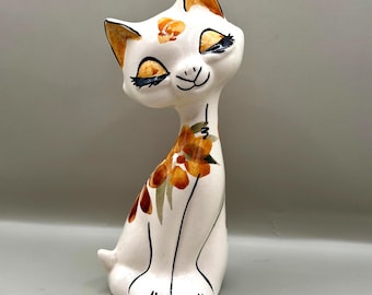 Vintage Guernsey Pottery Cat Figurine Hand Painted Floral Ceramic Cottagecore Grandmillennial Decor
