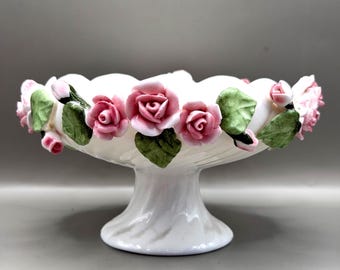 St Michael Pink Rose Pedestal Bowl: Porcelain Floral Centrepiece, Cottagecore Trinket Dish