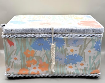 Vintage Floral Sewing Box, House of Fraser Craft Storage, Pastel Fabric Jewellery Trinket Holder