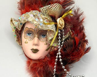 Vintage Venetian Mask Red Feather Wall Decor Mardi Gras Carnival Masquerade Art