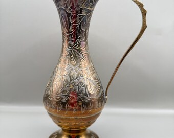 Vintage Indian Brass Ewer Jug, Etched Floral Brass Pitcher, Decorative Brass Vase, Boho Cottagecore Decor, Vintage Indian Metalware