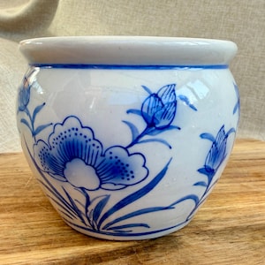 Vintage blauw-witte Chinoiserie keramische plantenpot | 9 cm bloempot | Engelse cottage blauw-witte pot | Grandmillennial Home Decor
