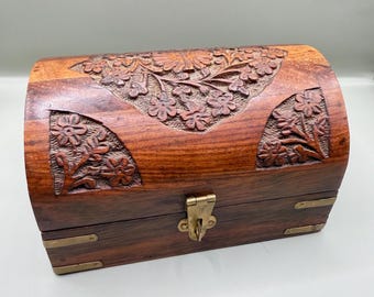 Vintage Hand Carved Wooden Jewellery Box Floral Treasure Chest Red Velvet Lined Keepsake Box Rustic Boho Cottagecore Decor