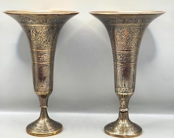 Vintage Brass Trumpet Vases Pair Etched Floral Engraved Brass Urns Boho Decor Maximalist Mantel Vases Hollywood Regency Global Eclectic Home