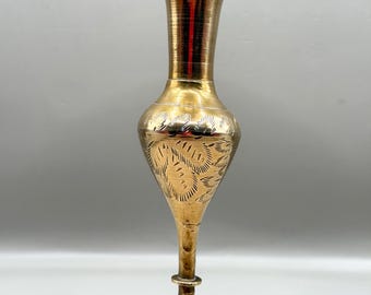Vintage Indian Brass Trumpet Vase, Etched Floral Brass Bud Vase, Boho Cottagecore Decor, Small Vintage Brass Vase, Shelf Styling Accent