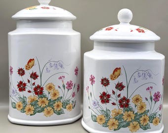 Vintage Arthur Wood April Glory Canisters: Wildflower Butterfly Kitchen Storage Set