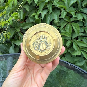 Vintage Brass & Copper Snuff Box, Embossed Lady Spinning Wheel, Folk Art Hinged Tobacco Box, Rustic Trinket Box Colle