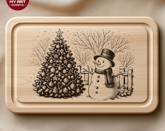 Snowman Christmas Cutting Board SVG, Winter Scene Laser Engraved File (Digital Download)
