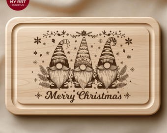 May include: Wooden cutting board with engraved Christmas gnomes and the words "Merry Christmas." The gnomes have striped hats and long beards. Snowflakes and decorative elements surround the gnomes.