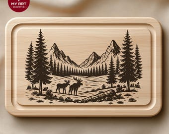 Mountain scene SVG File, Landscape engraving file for Cutting Board, Vector Laser Wood Pattern, Rustic Clip Art design, Forest deer scene