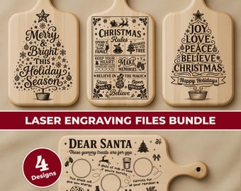 May include: A bundle of four wooden cutting boards with laser-engraved Christmas designs. The boards feature festive text and imagery, including Christmas trees, stars, and holiday greetings. One board is designed for Santa with text and circles for treats.