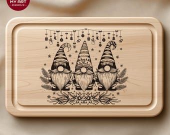 May include: A rectangular wooden cutting board with a decorative engraved design featuring three gnomes with long beards and pointed hats. The gnomes are beneath a string of Christmas ornaments. The board has a recessed edge.