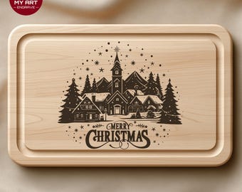 Christmas Village Scene SVG PNG Laser Engraving File | Glowforge xTool | Merry Christmas Cutting Board Engraving Design, Commercial Use Gift