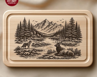 Deer Forest Mountain SVG PNG Laser Engraving File, Glowforge xTool,  Elk Nature Scene Cutting Board Engraving Design, Commercial Use