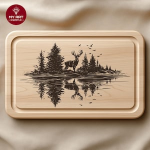 May include: A rectangular wooden cutting board with a carved nature scene. The design features a deer standing near a lake with trees and birds. The board has a recessed edge and a light wood grain.