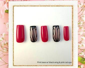 Cat Eye Butterfly Wing Press On Nails - Hand Painted Details and Iridescent Magnetic Shine