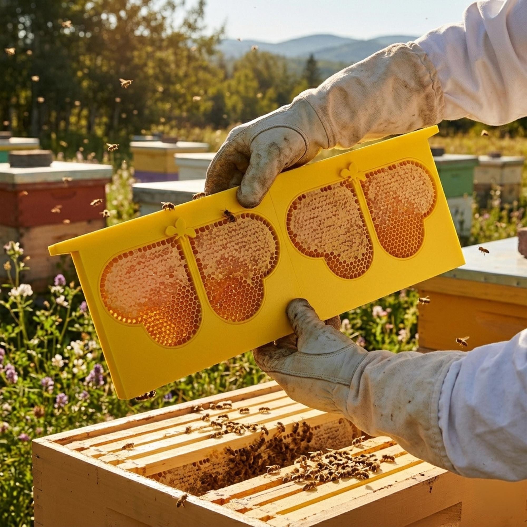 Heart-shaped Comb Honey Frame With 4 Inserts | Beeswax-coated