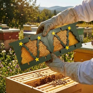 May include: A dark green plastic honeycomb frame insert featuring three cutouts in the shape of Christmas trees, each accented with small yellow star-shaped attachments, holding golden honeycomb wax within the frame structure.