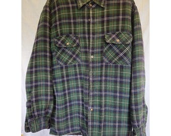 Large TALL Shirt Jacket Chesterfield Quilted Lined Green Blue Plaid Vintage Warm
