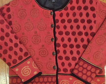 Icelandic Design Cardigan M • Red Black Mixed Pattern Knit Sweater Whimsical Wearable Art