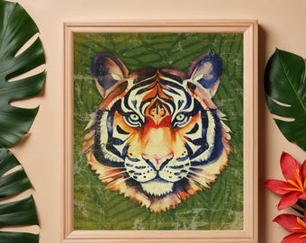 Arte mural digital vintage de tigre, póster de animales de la selva, impresión colorida de vida silvestre