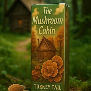 May include: A green and brown box with the text "The Mushroom Cabin" and "TURKEY TAIL". The box features an illustration of a cabin and mushrooms. Several turkey tail mushrooms are in front of the box, with a blurred forest background.