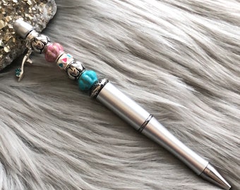 Penna con perline / Penna a sfera con perline in plastica fatta a mano / Idee regalo uniche / Custodia regalo nera GRATUITA (Argento)