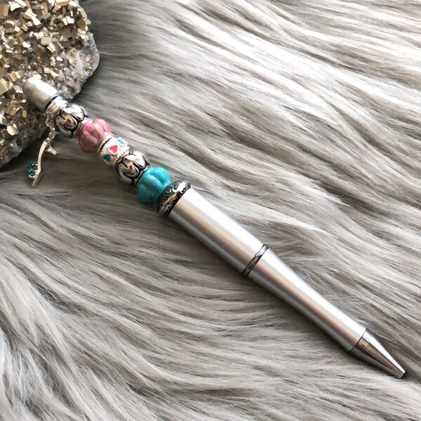 Beaded Pen | Handmade Plastic Beadable Ball Pen | One-of-a-Kind Gift Ideas | FREE Black Gift Pouch (Silver)