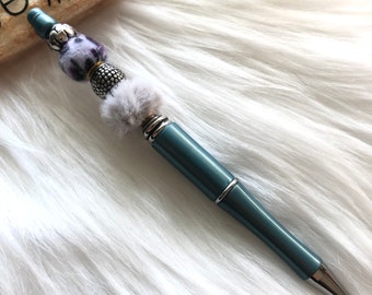 Handcrafted Lightweight Ball Pen with Fuzzy Bead Accents • FREE Black Gift Pouch