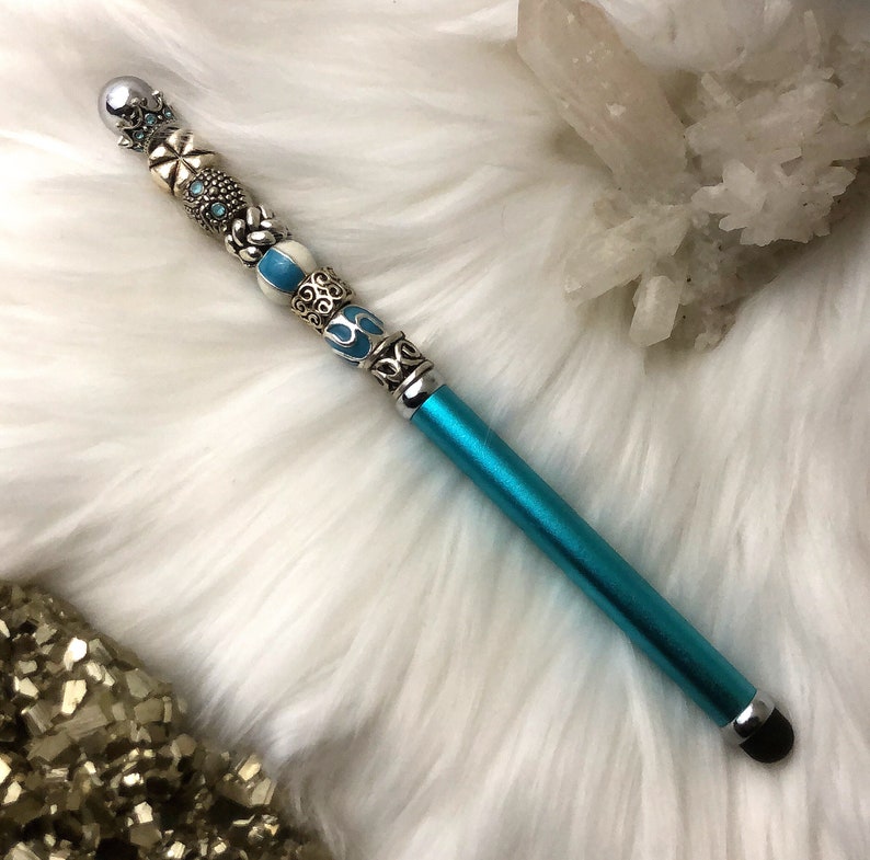 Blue Color Stylus with Crystal /& Fashion Beads Handmade Beaded Stylus for Mobile Devices Black Gift Pouch FREE