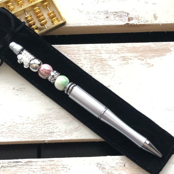 Beaded Pen •  One-of-a-Kind Beadable Gift Ideas • FREE Black Gift Pouch (Silver)