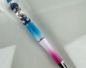 Handmade Gradient Beaded Pen – Blue White Pink Twist Pen with Fancy Accent Beads, Refillable, Gift for Stationery Lovers