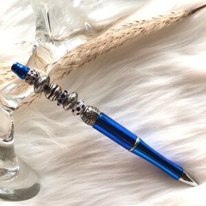 Beaded Pen Handmade Light Weight Beadable Easy Writing Ball Pen with Black Gift Pouch (Blue)