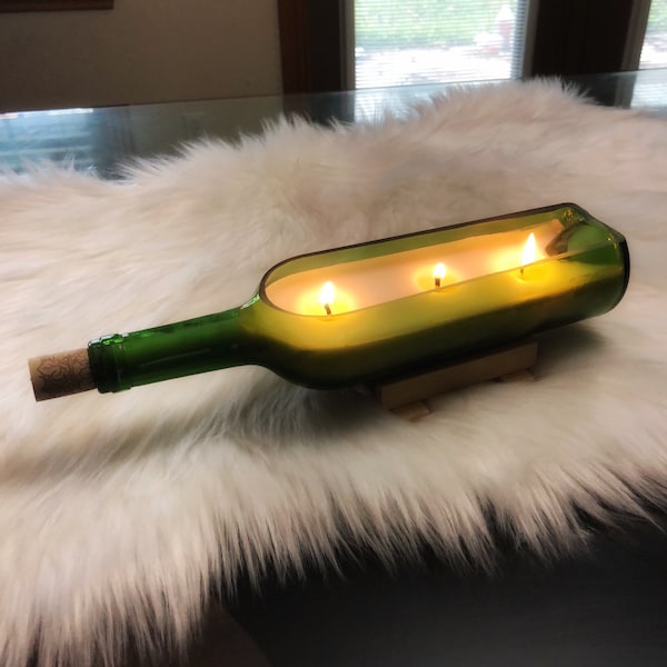 Wine Bottle Candle | Soy and Beeswax Blend Triple Wick Candle Hand Poured in Side-Cut Wine Bottle Container with Wood Stand | White Currant