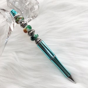 Beaded Pen Handmade Light Weight Beadable Easy Writing Ball Pen with Black Gift Pouch (Green)