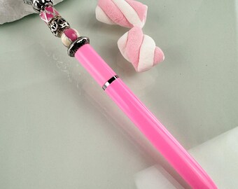 Lightweight Bubble Gum Pink Beaded Pen & Free Gift Pouch • Cute Lightweight Writing Pen