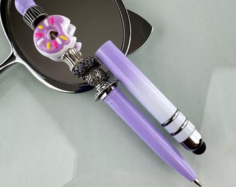 Handmade Lavender Donut Beaded Pen with Stylus – Kawaii Stationery Gift, 2-in-1 Touchscreen Stylus & Ballpoint Pen