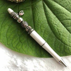 Beaded Pen Handmade Light Weight Beadable Easy Writing Ball Pen with Black Gift Pouch (White) Lady Bug