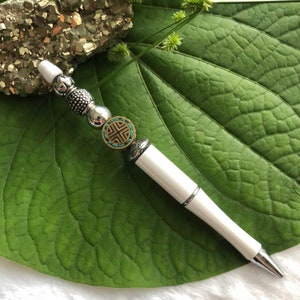 Beaded Pen Handmade Light Weight Beadable Easy Writing Ball Pen with Black Gift Pouch (White) 3507